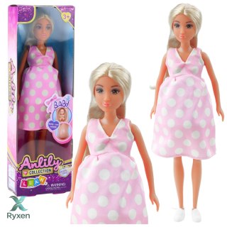 Lalka Anlily W Ciąży Jasno Różowa W Kropki Sukienka Długie Włosy LEAN TOYS