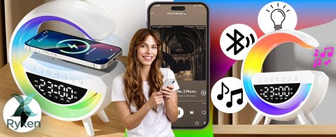 Lampka nocna led rgb ładowarka indukcyjna bluetooth zegar radio głośnik RTO