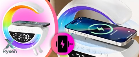 Lampka nocna led rgb ładowarka indukcyjna bluetooth zegar radio głośnik RTO