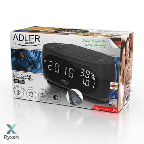 AD 1186 black Zegar - budzik z pomiarem temperatury i wilgotności ADLER