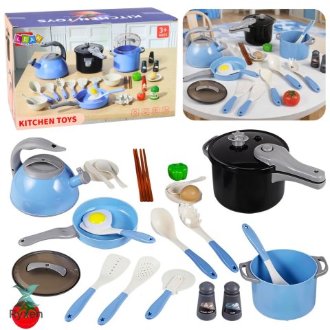 Zestaw Naczyń Kuchennych Garnki Patelnia Czajnik Akcesoria Niebieskie 32el. LEAN TOYS