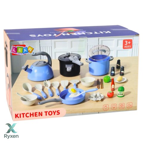 Zestaw Naczyń Kuchennych Garnki Patelnia Czajnik Akcesoria Niebieskie 32el. LEAN TOYS