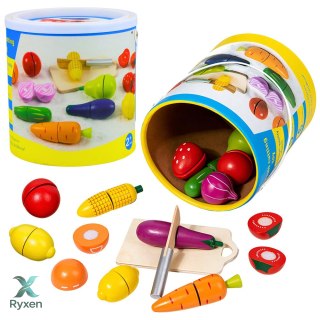 Drewniany Zestaw Owoców Warzyw Do Krojenia Deska Bezpieczny Nóż Wiadro 13el LEAN TOYS
