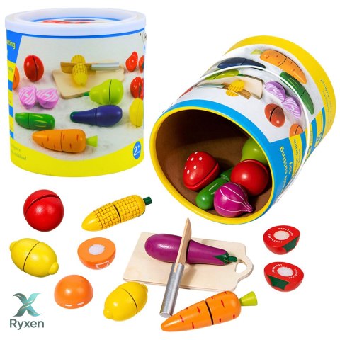 Drewniany Zestaw Owoców Warzyw Do Krojenia Deska Bezpieczny Nóż Wiadro 13el LEAN TOYS