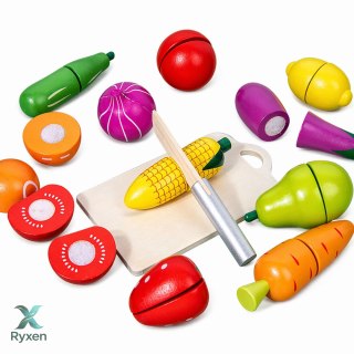 Drewniany Zestaw Owoców Warzyw Do Krojenia Deska Bezpieczny Nóż Wiadro 13el LEAN TOYS