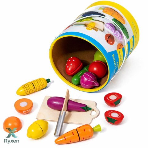 Drewniany Zestaw Owoców Warzyw Do Krojenia Deska Bezpieczny Nóż Wiadro 13el LEAN TOYS