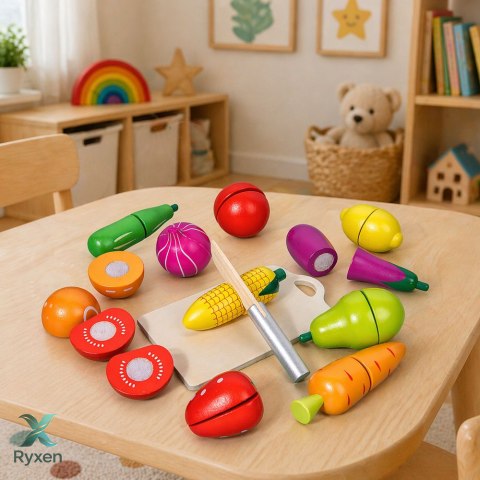 Drewniany Zestaw Owoców Warzyw Do Krojenia Deska Bezpieczny Nóż Wiadro 13el LEAN TOYS