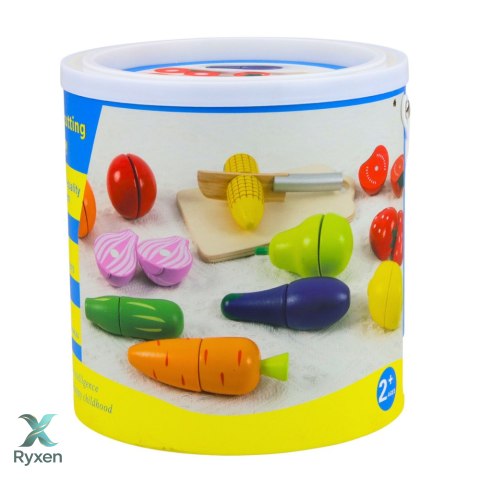 Drewniany Zestaw Owoców Warzyw Do Krojenia Deska Bezpieczny Nóż Wiadro 13el LEAN TOYS