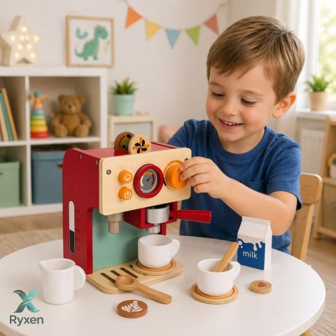 Zestaw Drewniany Ekspres Do Kawy Mały Barista Filiżanki Akcesoria LEAN TOYS