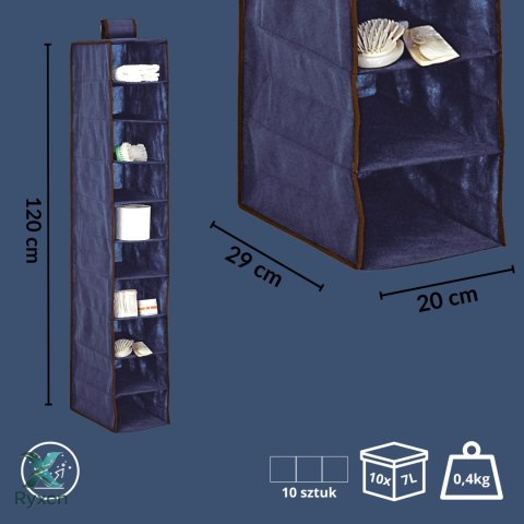 BLUE niebieski wiszący organizer do szafy 10 przegród 20x29x120 cm Kamai Ordinett