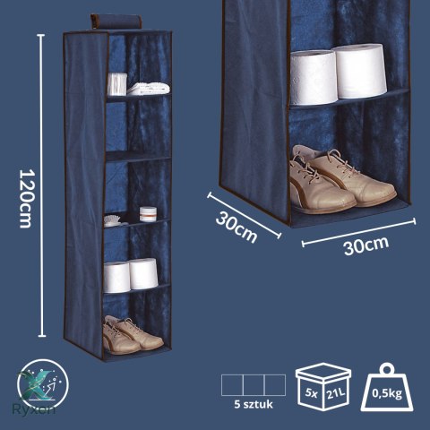 BLUE niebieski wiszący organizer do szafy 5 przegród 30X30X120cm Kamai Ordinett