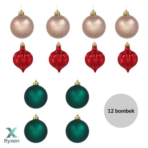 Zestaw 12 bombek choinkowych 6cm - zielone, złote, czerwone, w tubie Kamai