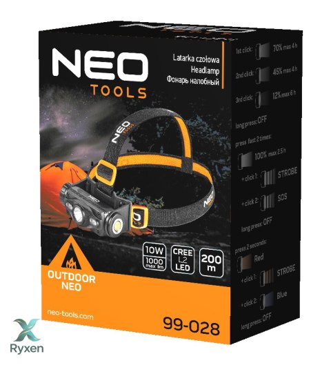 Latarka czołowa akumulatorowa USB 1000 lm czerwony/niebieski CREE LED + LED NEO TOOLS