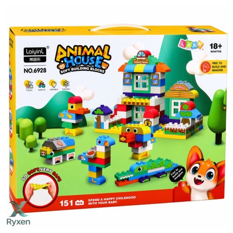 Miękkie Klocki Konstrukcyjne Sensoryczne Silikonowe Domek Zwierząt 151 el. LEAN TOYS