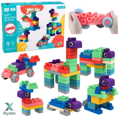 Miękkie Klocki Konstrukcyjne Sensoryczne Silikonowe Kolorowe 80 el. LEAN TOYS