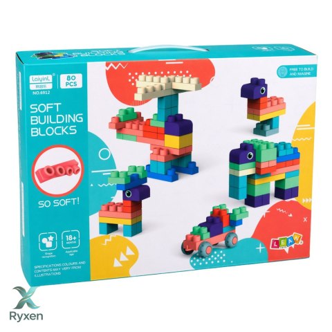 Miękkie Klocki Konstrukcyjne Sensoryczne Silikonowe Kolorowe 80 el. LEAN TOYS