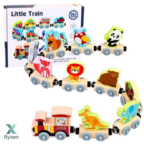 Pociąg Ze Zwierzętami Drewniany Magnetyczny Edukacyjny Lokomotywa Wagony LEAN TOYS