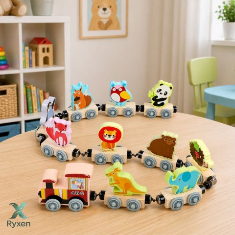 Pociąg Ze Zwierzętami Drewniany Magnetyczny Edukacyjny Lokomotywa Wagony LEAN TOYS