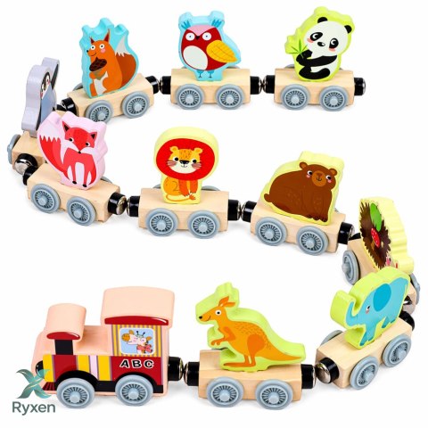 Pociąg Ze Zwierzętami Drewniany Magnetyczny Edukacyjny Lokomotywa Wagony LEAN TOYS