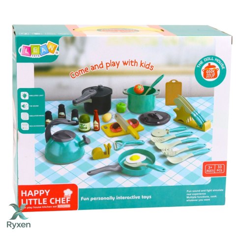 Zestaw Małego Kucharza Garnki Kuchenne Naczynia Czajnik Turkusowe 33 El. LEAN TOYS