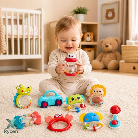 Zestaw Grzechotek Zabawek Gryzaków Dla Malucha Kolorowe Ruchome 9 szt. LEAN TOYS