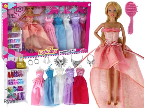 Lalka Dla Dzieci Długie Blond Włosy Szafa Buty Sukienki Akcesoria Różowa LEAN TOYS