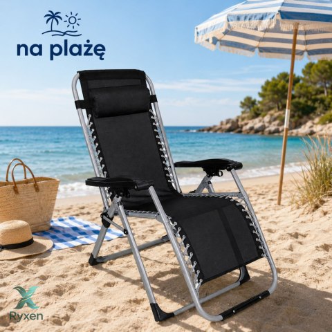 Leżak Ogrodowy Plażowy Składany Zero Gravity Zagłówek Stalowy Czarny LEAN
