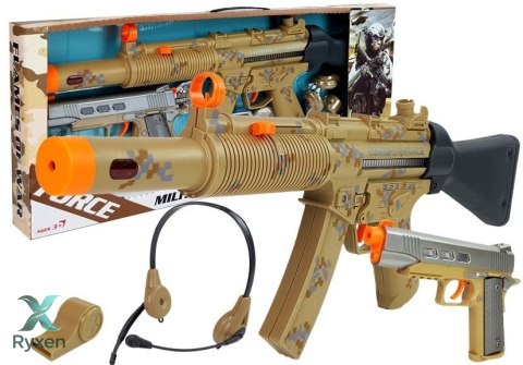 Zestaw Wojskowy Militarny Broń Karabin Pistolet Słuchawki Gwizdek Światła LEAN TOYS