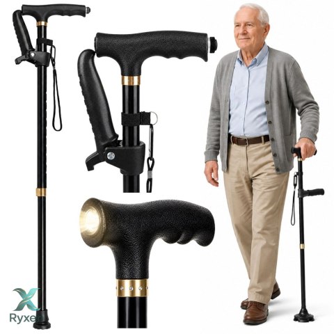 Laska Składana Regulowana Z Latarką LED Dla Seniora Czarna 80-100 cm LEAN