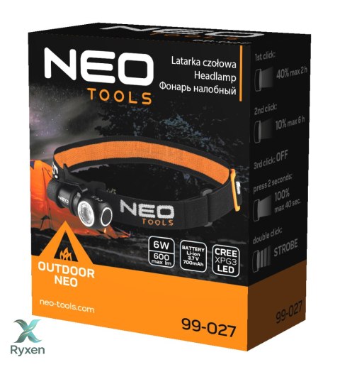 Latarka czołowa akumulatorowa 600 lm USB magnetyczne ładowanie CREE XPG3 LED NEO TOOLS