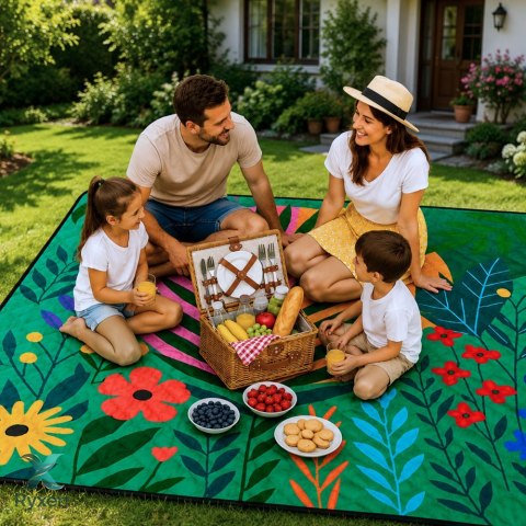 Koc Piknikowy Plażowy Turystyczny Mata Rośliny Kolorowa 100x150 cm LEAN