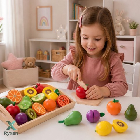 Zestaw Drewniane Owoce Do Krojenia Magnetyczne Bezpieczny Nóż Deska LEAN TOYS
