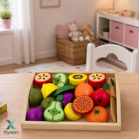 Zestaw Drewniane Owoce Do Krojenia Magnetyczne Bezpieczny Nóż Deska LEAN TOYS