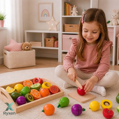 Zestaw Drewniane Owoce Do Krojenia Magnetyczne Bezpieczny Nóż Deska LEAN TOYS
