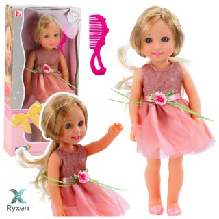 Lalka W Sukience z Kokardką Długie Włosy Różowa Grzebień 38cm LEAN TOYS
