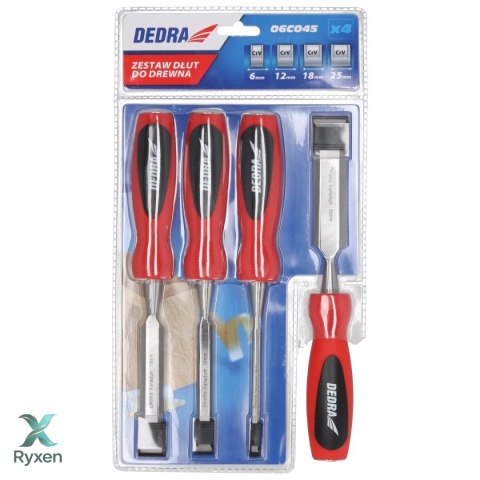 Zestaw dłut 4szt:6,12,18,25mm, stal crv, dwumat.uchwyt Dedra