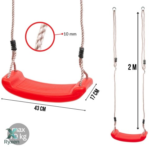 Huśtawka dziecięca, czerwona, plastikowa, do ogrodu, 43x17x8,5 cm, liny 2 m, nośność 70 kg KAMAI STRENDPRO