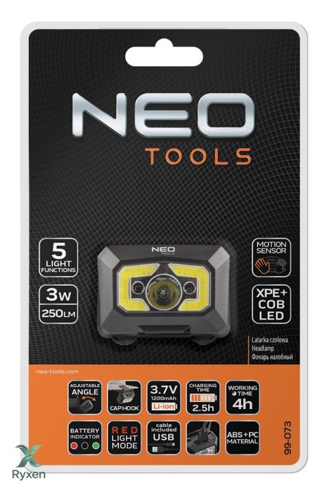 Latarka czołowa akumulatorowa USB 250 lm COB LED + czujnik ruchu NEO TOOLS