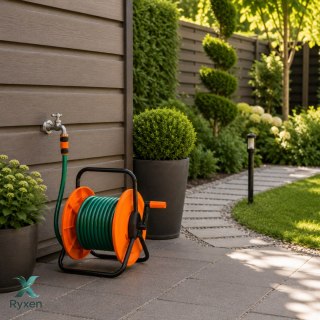 Nawijacz na wąż ogrodowy metalowy, plastikowy bęben, korba ręczna, UV odporny, do 60 m węża 1/2 cala KAMAI STRENDPRO
