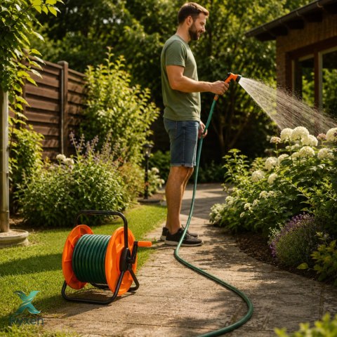 Nawijacz na wąż ogrodowy metalowy, plastikowy bęben, korba ręczna, UV odporny, do 60 m węża 1/2 cala KAMAI STRENDPRO