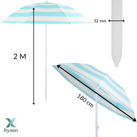 Parasol plażowy biało-niebieski, stalowy, z nachyleniem, średnica 180 cm, wysokość 200 cm, maszt 32 mm KAMAI STRENDPRO