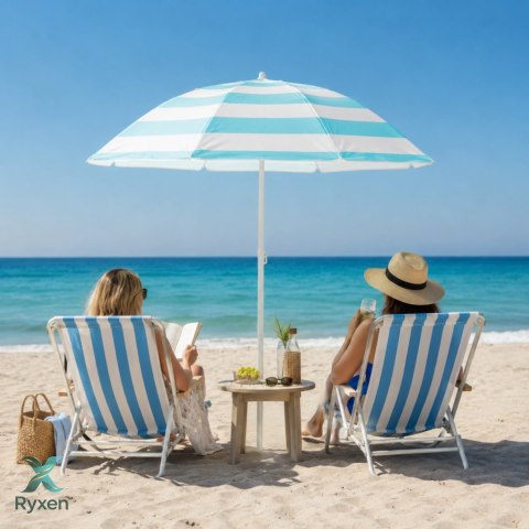 Parasol plażowy biało-niebieski, stalowy, z nachyleniem, średnica 180 cm, wysokość 200 cm, maszt 32 mm KAMAI STRENDPRO