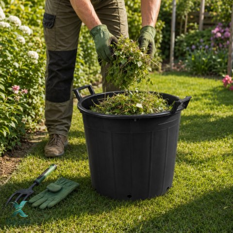 Pojemnik ogrodowy okrągły plastikowy perforowany z uchwytami, 50 l, średnica 50 cm, wysokość 41 cm KAMAI STRENDPRO