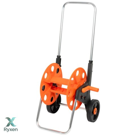 Wózek na wąż ogrodowy, metalowy stelaż, plastikowy bęben, na kołach, rączka teleskopowa 57,5-95 cm, 50 m węża 1/2 cala KAMAI STRENDPRO