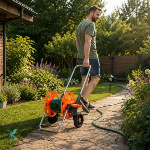 Wózek na wąż ogrodowy, metalowy stelaż, plastikowy bęben, na kołach, rączka teleskopowa 57,5-95 cm, 50 m węża 1/2 cala KAMAI STRENDPRO