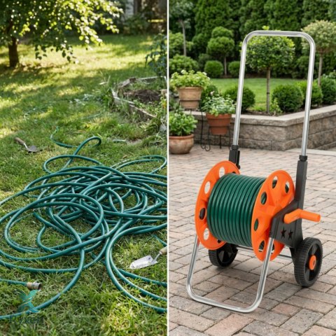 Wózek na wąż ogrodowy, metalowy stelaż, plastikowy bęben, na kołach, rączka teleskopowa 57,5-95 cm, 50 m węża 1/2 cala KAMAI STRENDPRO