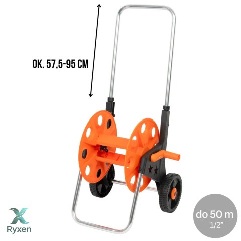 Wózek na wąż ogrodowy, metalowy stelaż, plastikowy bęben, na kołach, rączka teleskopowa 57,5-95 cm, 50 m węża 1/2 cala KAMAI STRENDPRO