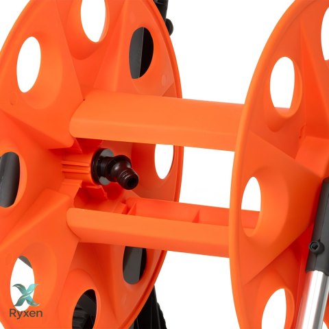 Wózek na wąż ogrodowy, metalowy stelaż, plastikowy bęben, na kołach, rączka teleskopowa 57,5-95 cm, 50 m węża 1/2 cala KAMAI STRENDPRO