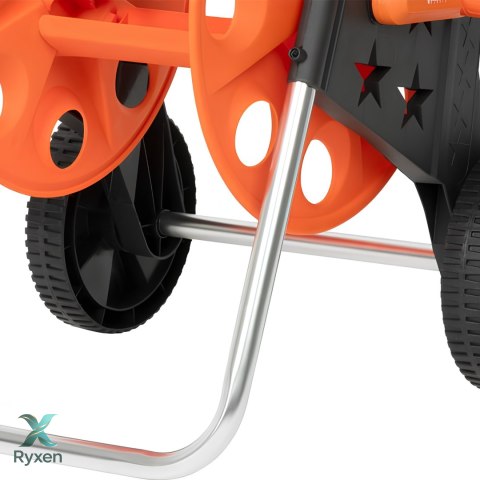 Wózek na wąż ogrodowy, metalowy stelaż, plastikowy bęben, na kołach, rączka teleskopowa 57,5-95 cm, 50 m węża 1/2 cala KAMAI STRENDPRO