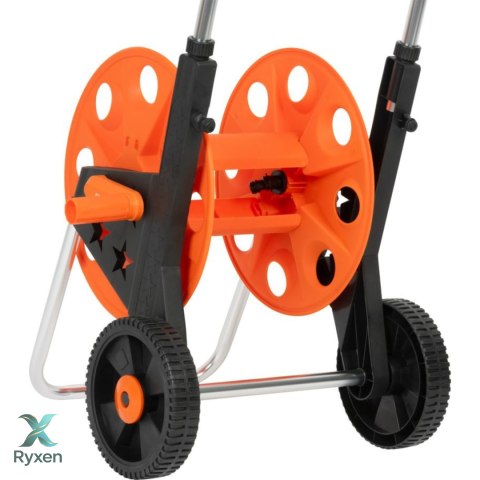 Wózek na wąż ogrodowy, metalowy stelaż, plastikowy bęben, na kołach, rączka teleskopowa 57,5-95 cm, 50 m węża 1/2 cala KAMAI STRENDPRO
